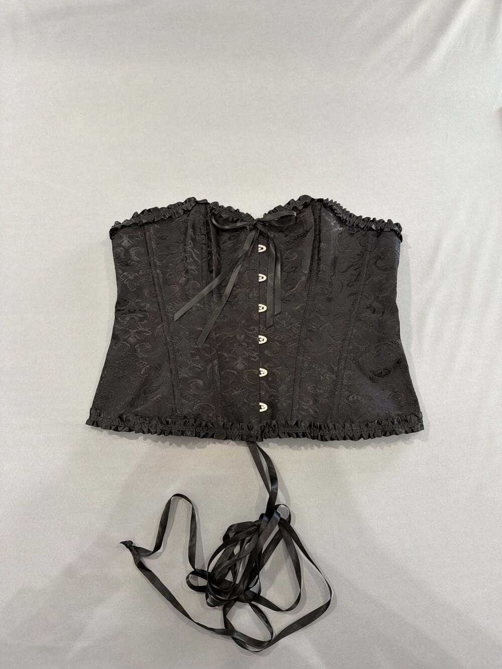 Black Floral Jacquard Corset Top w/ Ruffle Trim Lace-up Back Sz XXL Goth Steampu